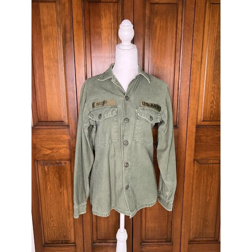 Vintage Clayton US Army Button Up Military Shirt Size M Double Pocket 14” x 33” - Picture 2 of 5